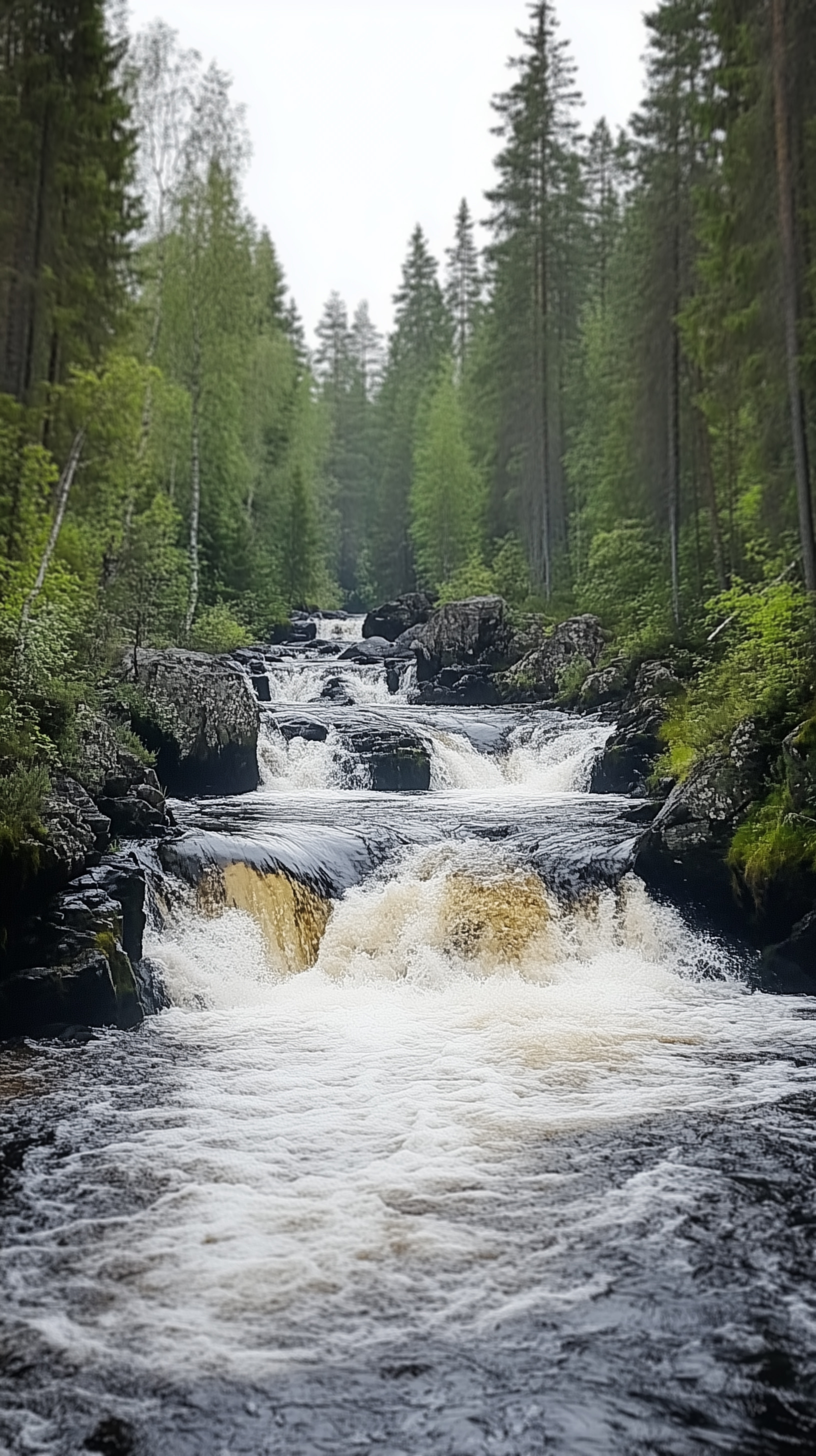Vattenfall omgivet av grön skog